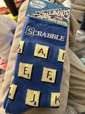Hasbro Blue Scrabble Men’s Crew Socks with Yellow Tile Pattern Brand New